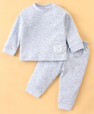 Zero Cotton Sinker Knit Full Sleeves Night Suit With Elephant Print - Silver
