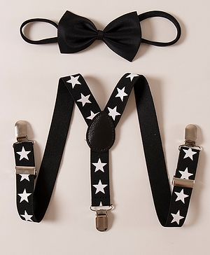 Babyhug Free Size Stars Printed Bow and Suspender Set - Black