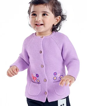 Babyoye Eco-Conscious 100% Cotton Knit Full Sleeves Floral Design Front Open Sweater - Lavender