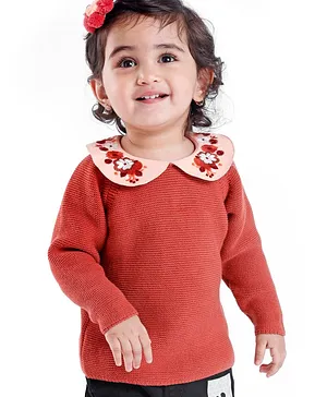 Babyoye Eco Conscious Cotton Full Sleeves Sweater With Floral Embroidery - Orange