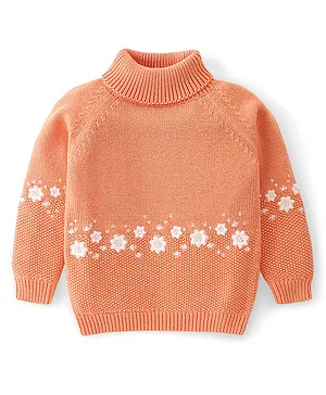 Babyoye Eco-Conscious Cotton Full Sleeves Floral Design Sweater - Orange
