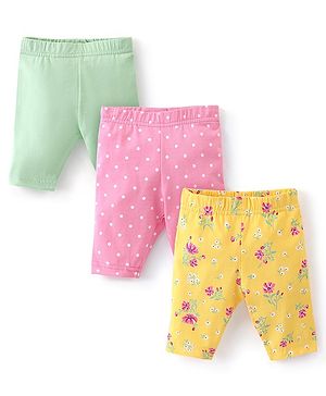 Babyhug Cotton Single Jersey Knit Capri Length Leggings Floral Print Pack of 3 - Green Pink & Yellow