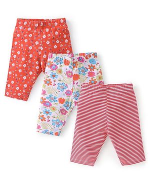 Babyhug Cotton Lycra Three Fourth Length Leggings Stripes & Floral Print Pack of 3- Red Pink & White