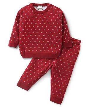 Babyhug Knit Full Sleeves Sweater Set Diamond Design - Red