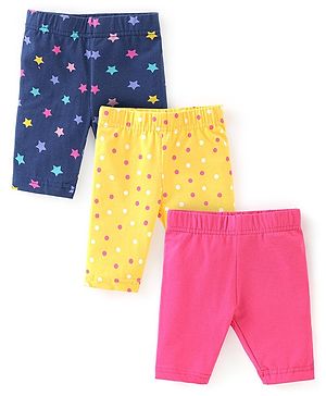 Babyhug Cotton Lycra Three Fourth Length Leggings Star Printed Pack of 3- Multicolour