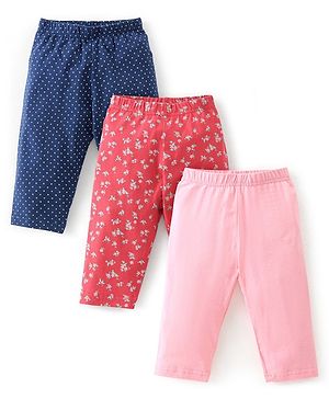 Babyhug Cotton Three Fourth Lycra Leggings Floral Print Pack of 3 - Pink Red & Blue