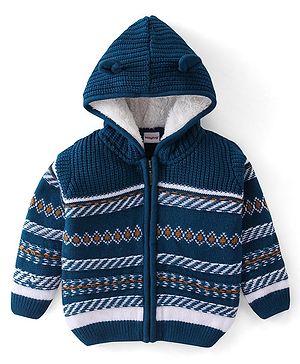 Babyhug Full Sleeves Front Open Hooded Sweater Stripe Design - Navy Blue