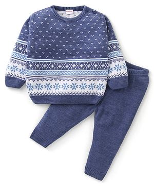 Babyhug Knit Full Sleeves Sweater Set Star Design - Blue