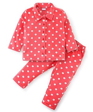 Babyhug Woven Full Sleeves Winter Wear Suits With Polka Dots Print - Red