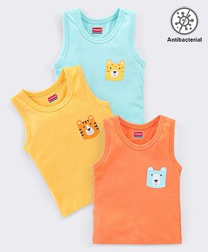 Babyhug 100%  Antibacterial Sleeveless Sando Vests Tiger Print Pack Of 3- Orange Yellow & Blue