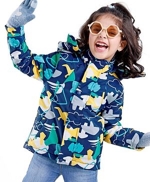 Babyhug Woven Full Sleeves Hooded Jacket Dino Print - Blue
