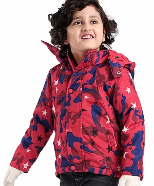 Babyhug Full Sleeves Jacket With Detachable Hood Camouflage Print - Red