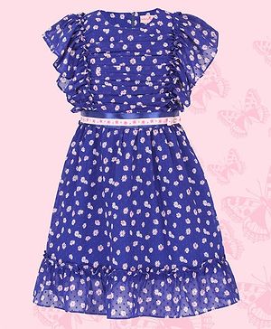 Cutecumber Short Sleeves Seamless Flowers Printed & Ruched Bodice Detailed Fit & Flare Dress - Blue