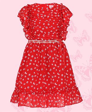 Cutecumber Frill Sleeves Floral Printed Gathered Dress - Red