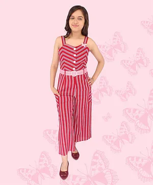 Cutecumber Sleeveless Double Striped & Butterfly Applique Detailed Jumpsuit - Red