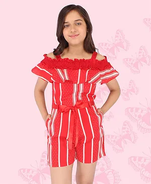 Cutecumber Half Sleeves Frill Neck Line Detailed Balanced Striped & Polka Dot Printed Cold Shoulder Jumpsuit - Red