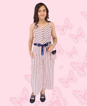 Cutecumber Sleeveless Double Striped Front Tie Up Designed Jumpsuit With Coordinating Sling Bag - Pink