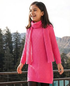 Pine Kids Full Sleeve Woolen Dress With Scarf - Pink