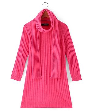 Pine Kids Full Sleeve Woolen Dress With Scarf - Pink