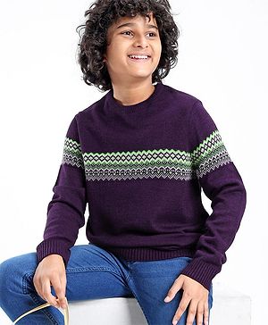 Pine Kids Knit Full Sleeves Fair Isle Design Sweater - Violet