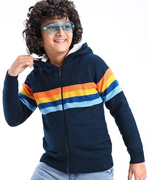 Pine Kids Full Sleeves Hooded Sweater with Zipper & Multicolour Stripes Design - Navy Blue