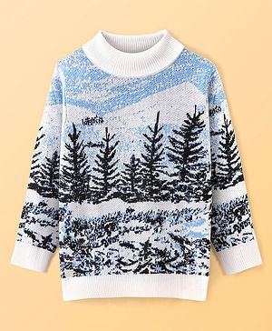Pine Kids Knit Full Sleeves Intarsia Design Turtle Neck Sweater - White