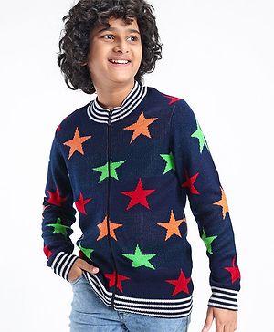 Pine Kids Full Sleeves Star Knit Front Open with Zipper Sweater - Navy