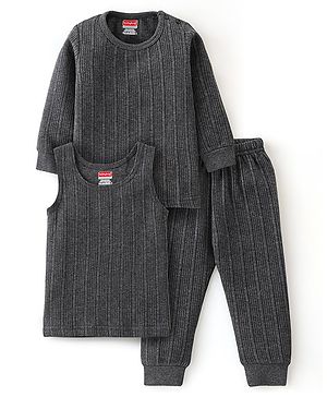 Babyhug Full Sleeves Thermal Wear Pullover Vest & Pant Set Pack Of 3 - Dark Grey