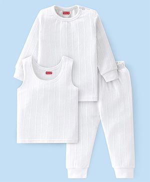 Babyhug Cotton Full Sleeves Solid Color Vest Pullover & Bottom Thermal Wear Combo Pack Of 3 -Off White