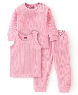 Babyhug Full Sleeves Thermal Wear Pullover Vest & Pant Set Pack Of 3 - Pink
