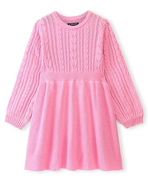 Pine Kids Full Sleeves Fit and Flared Cable Knit Woollen Dress - Pink