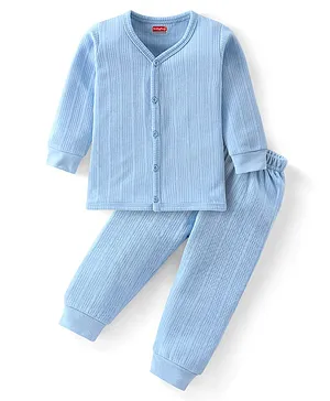 Babyhug Cotton Full Sleeves Front Open Thermal Vest And Leggings- Blue
