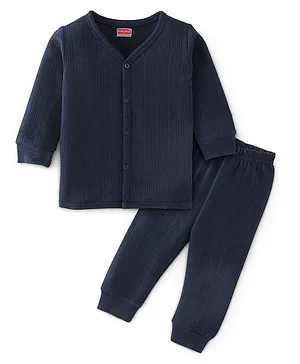 Babyhug Full Sleeves Solid Thermal Vest & Pajama Set - Dark Navy