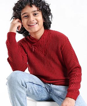 Pine Kids Knit Full Sleeves Shawl Collar Sweater Cable Knit Design - Rust