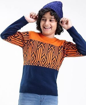 Pine Kids Knit Full Sleeves Abstract Design Sweater - Orange & Black