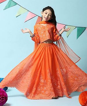 BIBA Three Fourth Sleeves Sequin Detailed Floral Embroidered choli With Lehenga & Dupatta - Orange