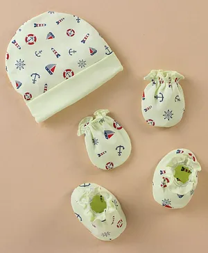 Ben Benny Cotton Cap Mitten & Booties Set With Bunny Printed White - Diameter 10 cm