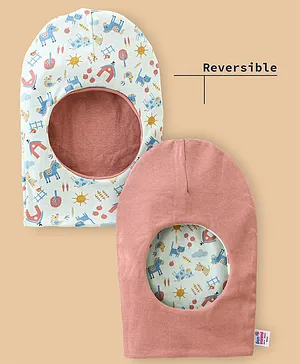Ben Benny Cotton Reversible Monkey Cap Medium Size Animal Print White & Pink - Diameter 9.5 cm