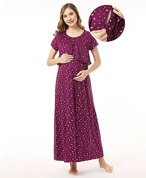 Bella Mama 100% Cotton Knit Half Sleeves Nighty with Concealed Zipper Hearts Print - Purple