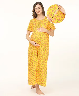 Bella Mama 100% Cotton Knit Half Sleeves Maternity Nighty With Concealed Zipper Floral Print - Yellow