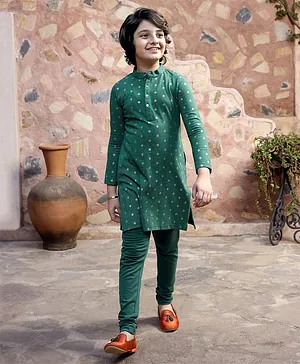Earthy Touch Cotton Knit Full Sleeves Kurta Floral Print - Green