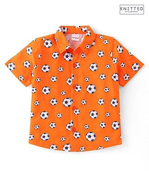 Babyhug 100% Cotton Knit Half Sleeves Regular Shirt with Soccer Ball Print - Orange