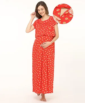 Bella Mama 100% Cotton Knit Concealed Zipper  Half Sleeves  Nursing Nighty Floral Print - Red