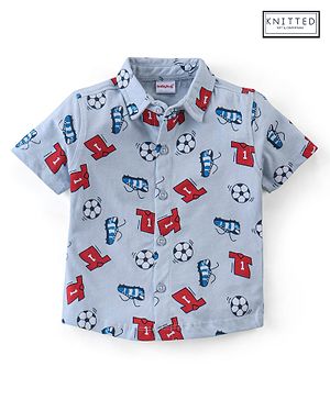 Babyhug Half Sleeve 100% Cotton Knitted Football Printed Shirt - Blue