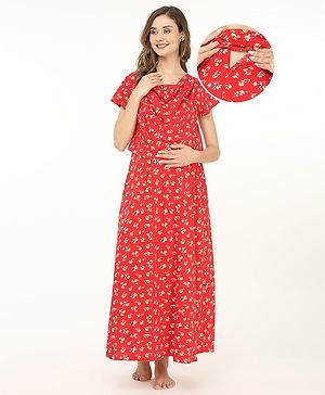 Bella Mama 100% Cotton Knit Half Sleeves Maternity Nighty With Concealed Zipper Floral Print - Red