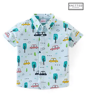 Babyhug Cotton Knit Half Sleeves Regular Collar Shirt Car Print- Blue