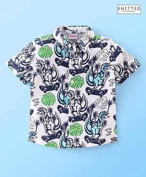 Babyhug 100% Cotton Knit Half Sleeves Regular Shirt with Dino Print - White & Blue