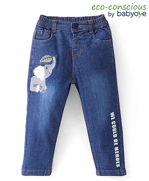 Babyoye Denim Cotton Elastane Placement Elephant Embroidered Jeans - Blue