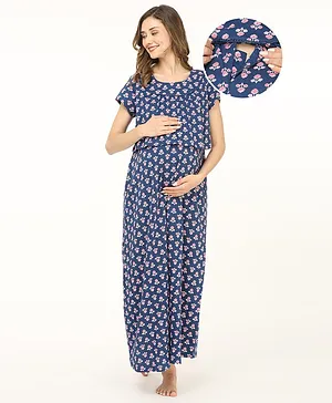 Bella Mama 100% Cotton Knit Concealed Zipper  Half Sleeves  Nursing Nighty Floral Print - Navy Blue