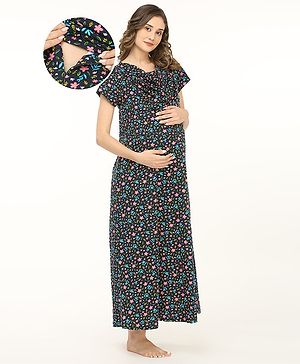 Bella Mama 100% Cotton Knit Concealed Zipper  Half Sleeves  Nursing Nighty Floral Print - Navy Blue